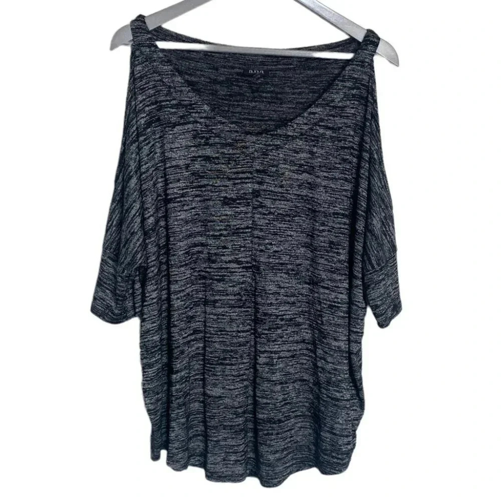 a.n.a. L black 3/4 sleeve cold shoulder V-neck knit top